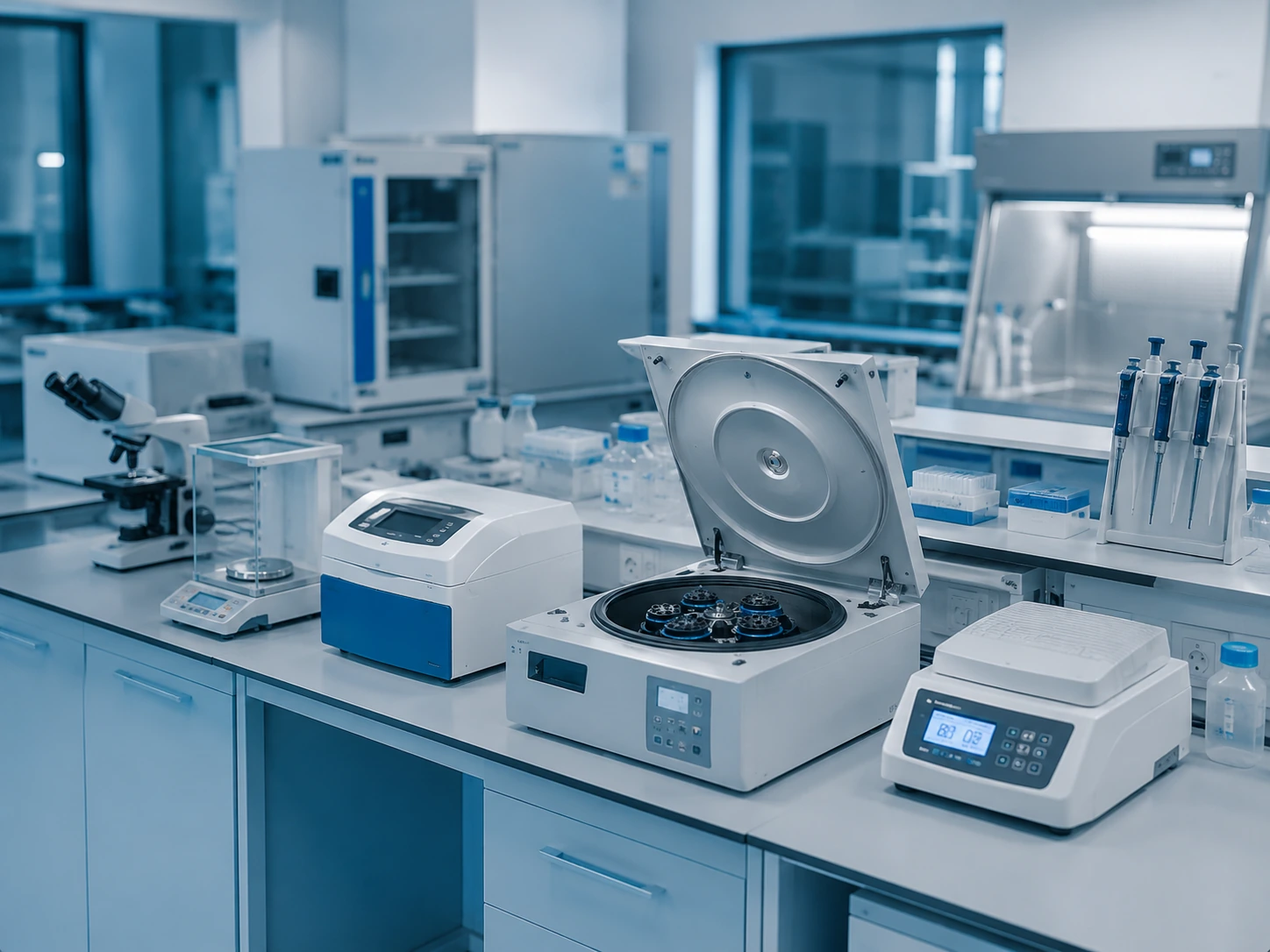 Laboratory bench with analytical instruments, an incubator and balances.