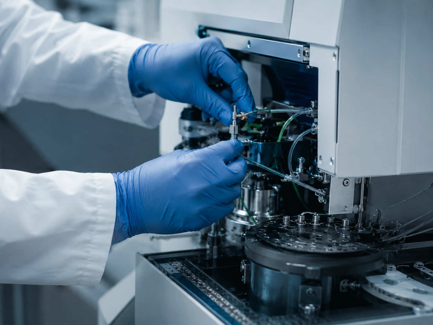 Close-up of a gloved technician diagnosing internal components of a laboratory instrument.
